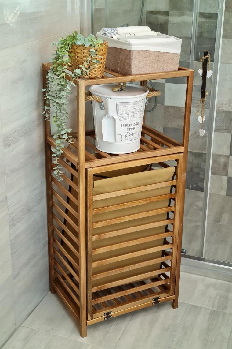 Ceviz Rengi Ahşap Kirli Sepetli Banyo Düzenleyici Raf – Cvz01 C1-1-140