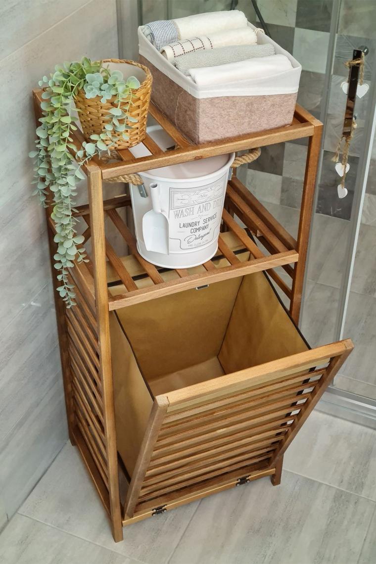 Ceviz Rengi Ahşap Kirli Sepetli Banyo Düzenleyici Raf – Cvz01 C1-1-140