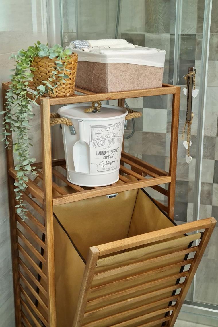 Ceviz Rengi Ahşap Kirli Sepetli Banyo Düzenleyici Raf – Cvz01 C1-1-140