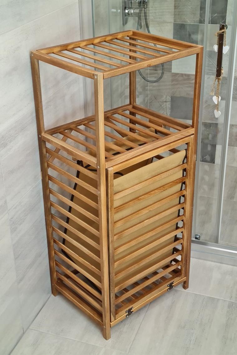 Ceviz Rengi Ahşap Kirli Sepetli Banyo Düzenleyici Raf – Cvz01 C1-1-140