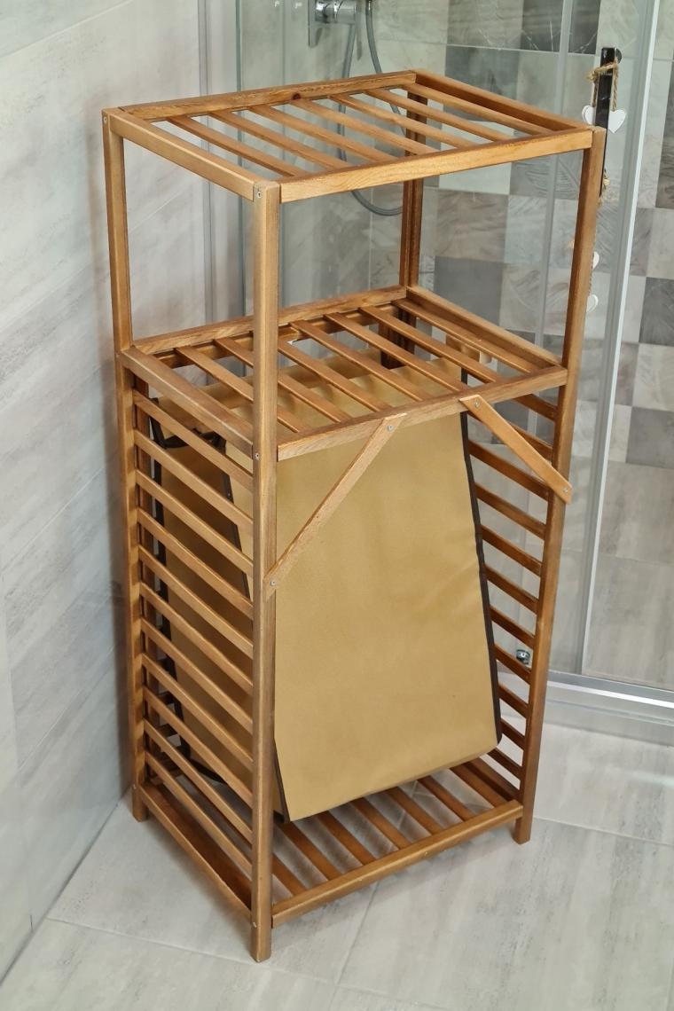 Ceviz Rengi Ahşap Kirli Sepetli Banyo Düzenleyici Raf – Cvz01 C1-1-140