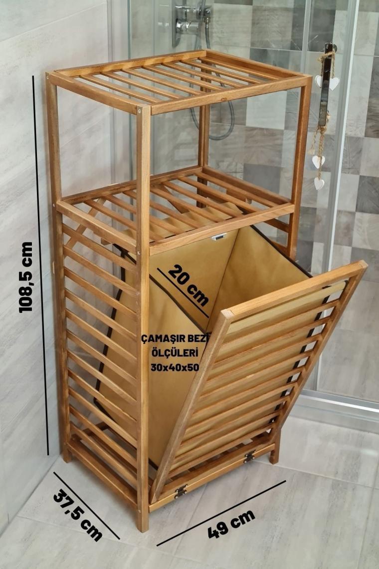 Ceviz Rengi Ahşap Kirli Sepetli Banyo Düzenleyici Raf – Cvz01 C1-1-140