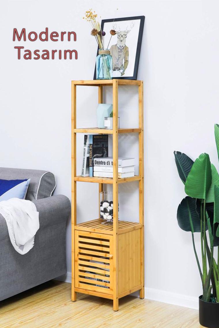 Bambu Tek Kapaklı 4 Raflı Çok Amaçlı Düzenleyici Organizer Dolap - DB-0003