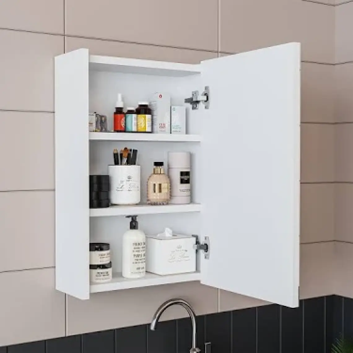 Ayaksız Tek Kapaklı Lavabolu 50 Cm Banyo Dolabı Aynalı Üst Dolabı 1954