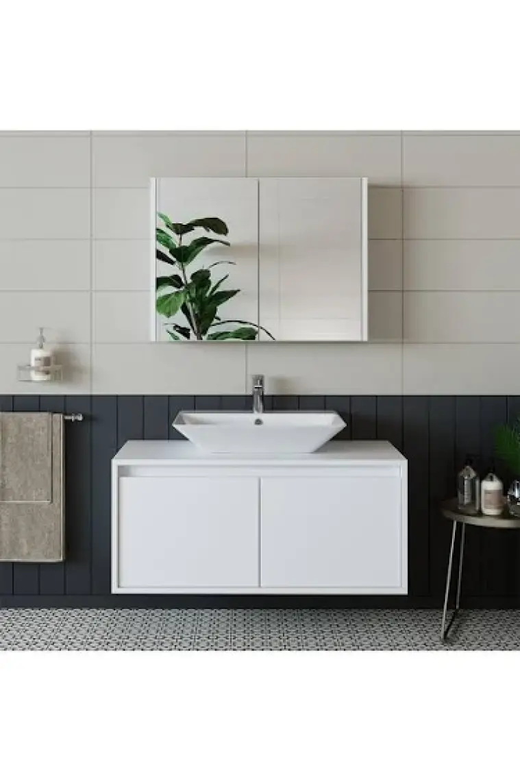 Banos Banyo Lavabolu Mat Beyaz Mdf 100cm Banyo Dolap+aynalı Banyo Üst Dolap