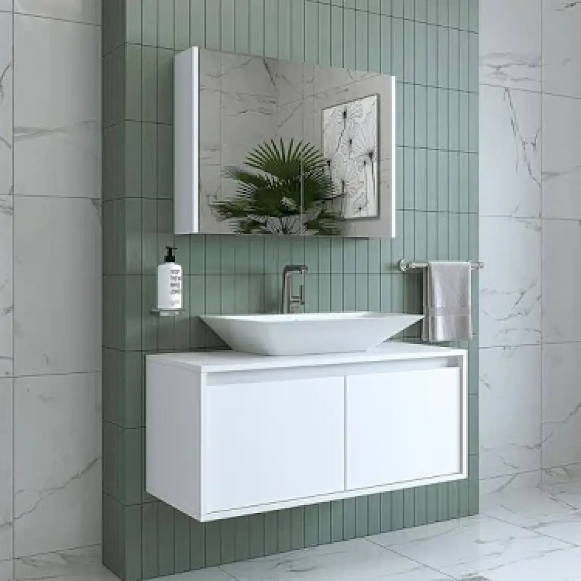 Banos Banyo Lavabolu Mat Beyaz Mdf 100cm Banyo Dolap+aynalı Banyo Üst Dolap