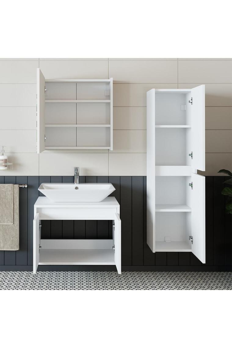 Banos Banyo Lavabolu Mat Beyaz Mdf 65cm Banyo Dolabı+Aynalı Banyo Üst Dolap+Banyo Boy Dolap