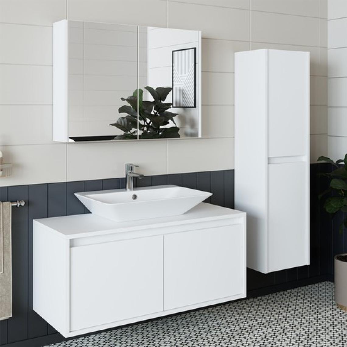 Banos Banyo Roomart Lavabolu Mat Beyaz Mdf 100 Cm Banyo Dolabı + Aynalı Banyo Üst Dolabı + Banyo Boy Dolabı