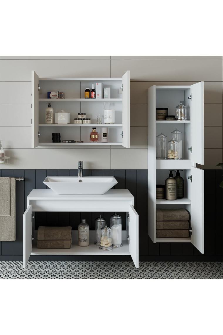 Banos Banyo Lavabolu Mat Beyaz Mdf 85 Cm Banyo Dolabı+aynalı Banyo Üst Dolap+banyo Boy Dolap