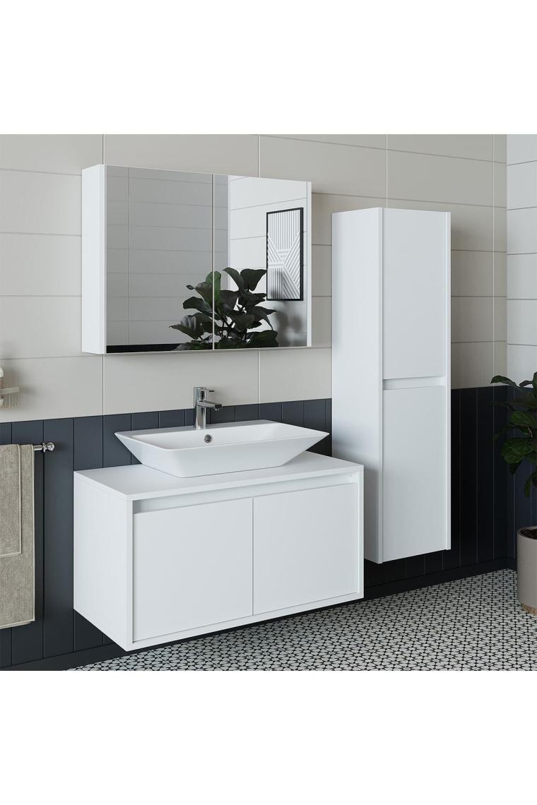 Banos Banyo Lavabolu Mat Beyaz Mdf 85 Cm Banyo Dolabı+aynalı Banyo Üst Dolap+banyo Boy Dolap