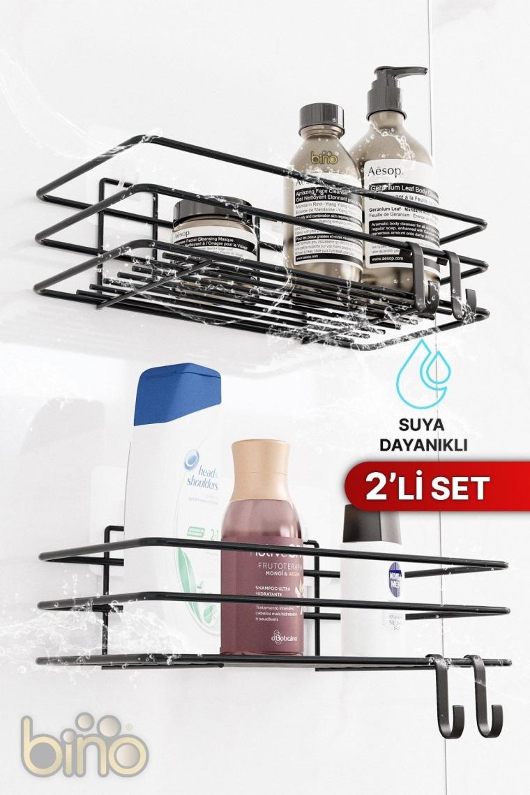 2Lİ Set Banyo Düzenleyici Şampuanlık Mat Siyah YAPIŞKANLI 4 ASKILI Duş Rafı Paslanmaz Organizer