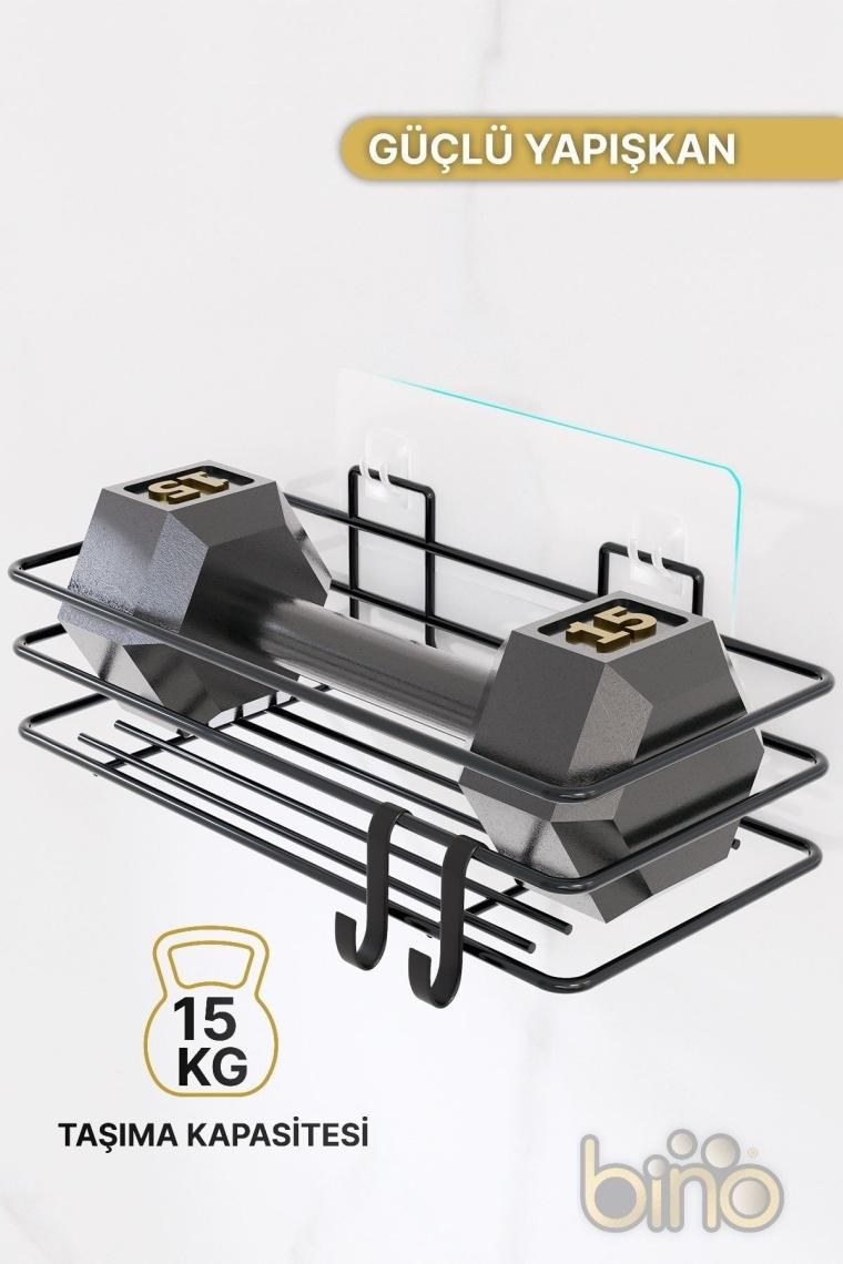 2Lİ Set Banyo Düzenleyici Şampuanlık Mat Siyah YAPIŞKANLI 4 ASKILI Duş Rafı Paslanmaz Organizer