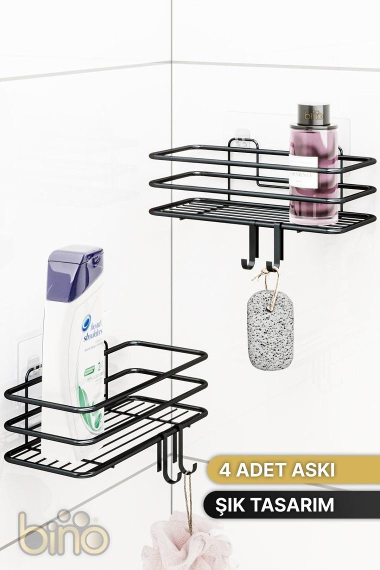 2Lİ Set Banyo Düzenleyici Şampuanlık Mat Siyah YAPIŞKANLI 4 ASKILI Duş Rafı Paslanmaz Organizer