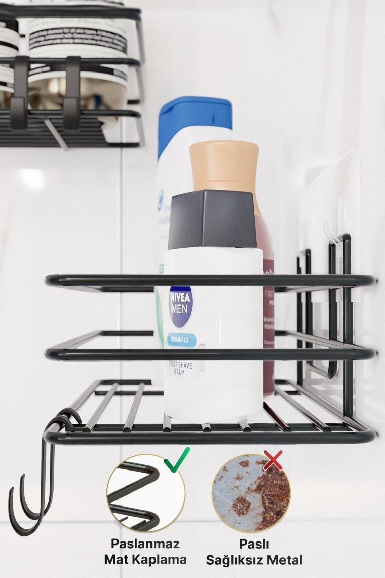 2Lİ Set Banyo Düzenleyici Şampuanlık Mat Siyah YAPIŞKANLI 4 ASKILI Duş Rafı Paslanmaz Organizer