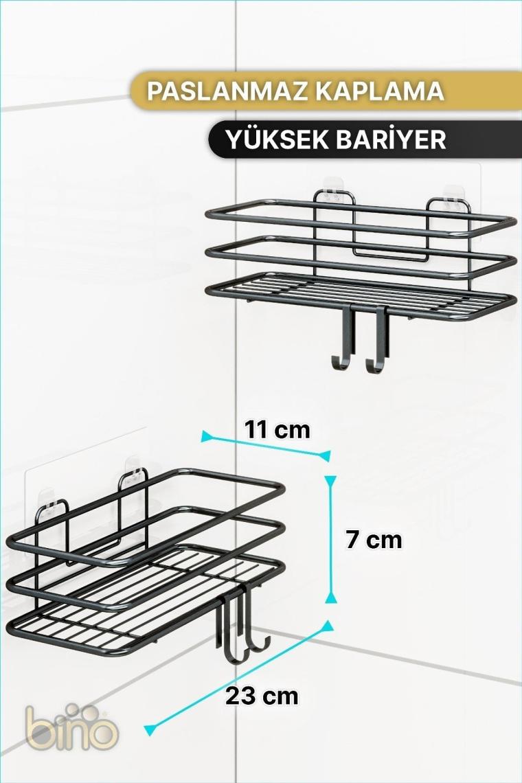 2Lİ Set Banyo Düzenleyici Şampuanlık Mat Siyah YAPIŞKANLI 4 ASKILI Duş Rafı Paslanmaz Organizer