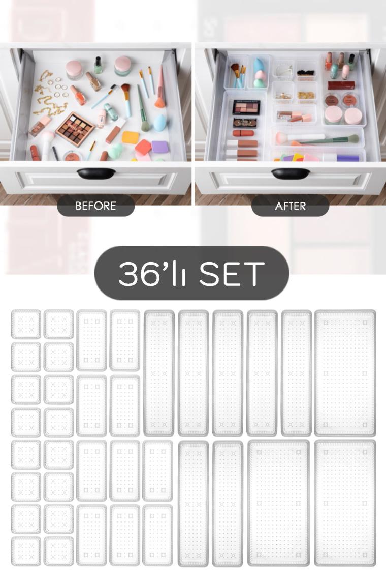 36'lı Mega Set Modüler Çekmece İçi Organizer - Banyo Takı Aksesuar Düzenleyici Şeffaf