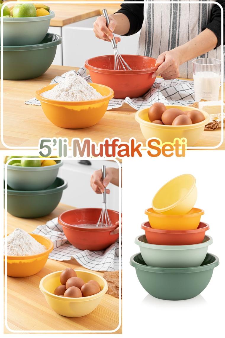 5'li Set Yuvarlak Hazırlık Kase Seti - Çok Amaçlı Çırpma Kabı - Badya Seti Saklama Kabı