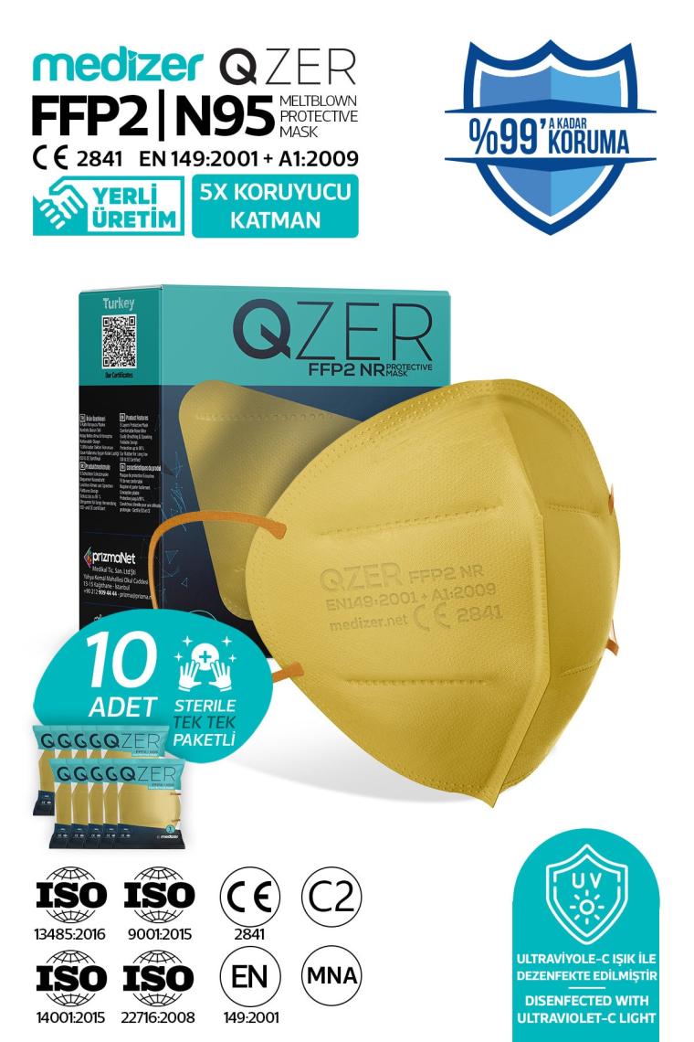 Medizer Qzer Sarı Renk 5 Katmanlı Ffp2 N95 Maske
