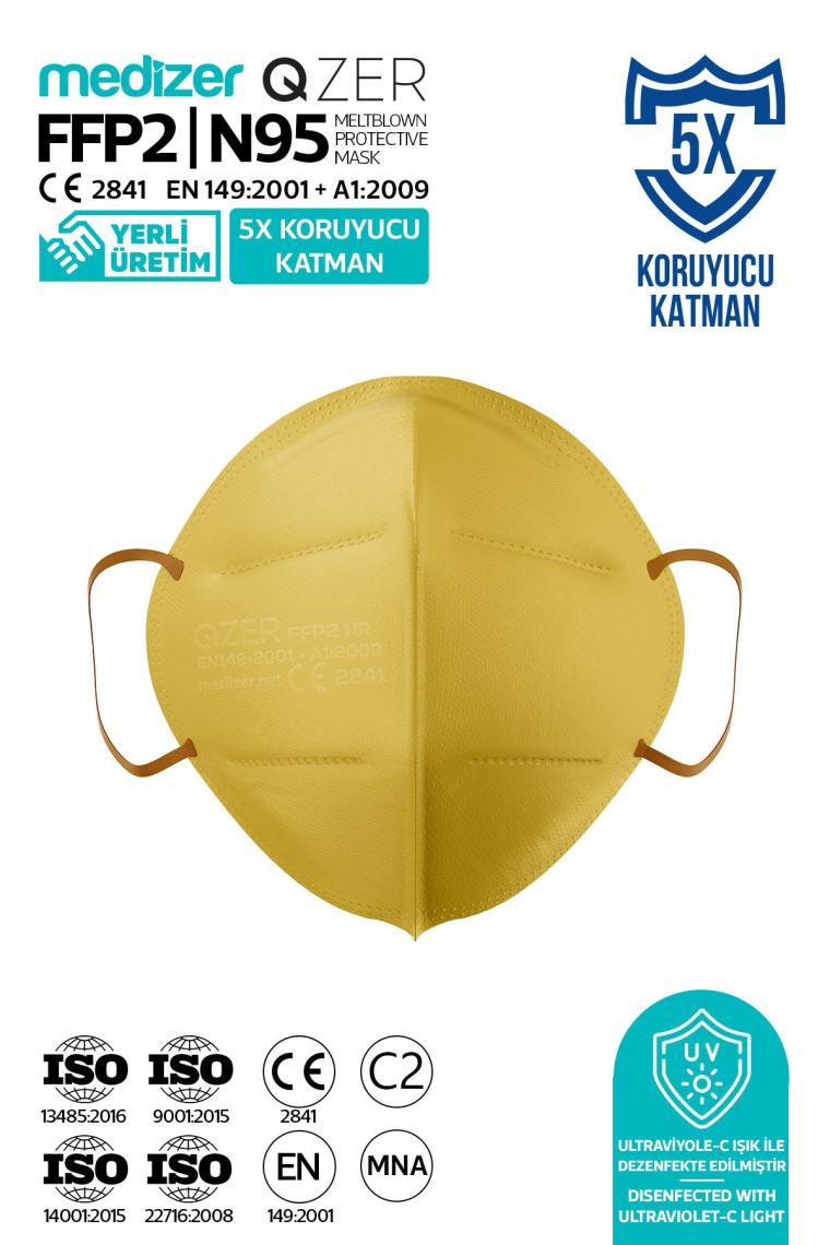 Medizer Qzer Sarı Renk 5 Katmanlı Ffp2 N95 Maske