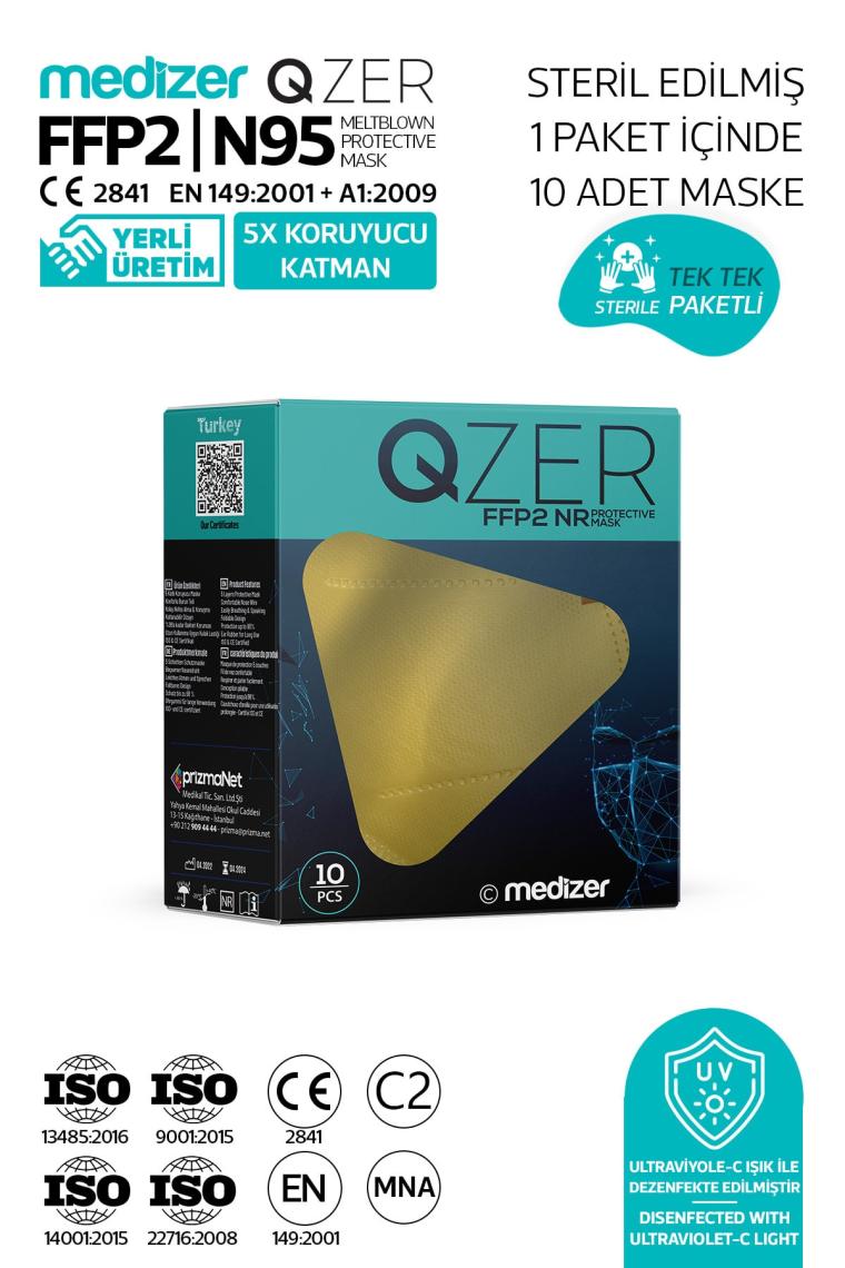 Medizer Qzer Sarı Renk 5 Katmanlı Ffp2 N95 Maske