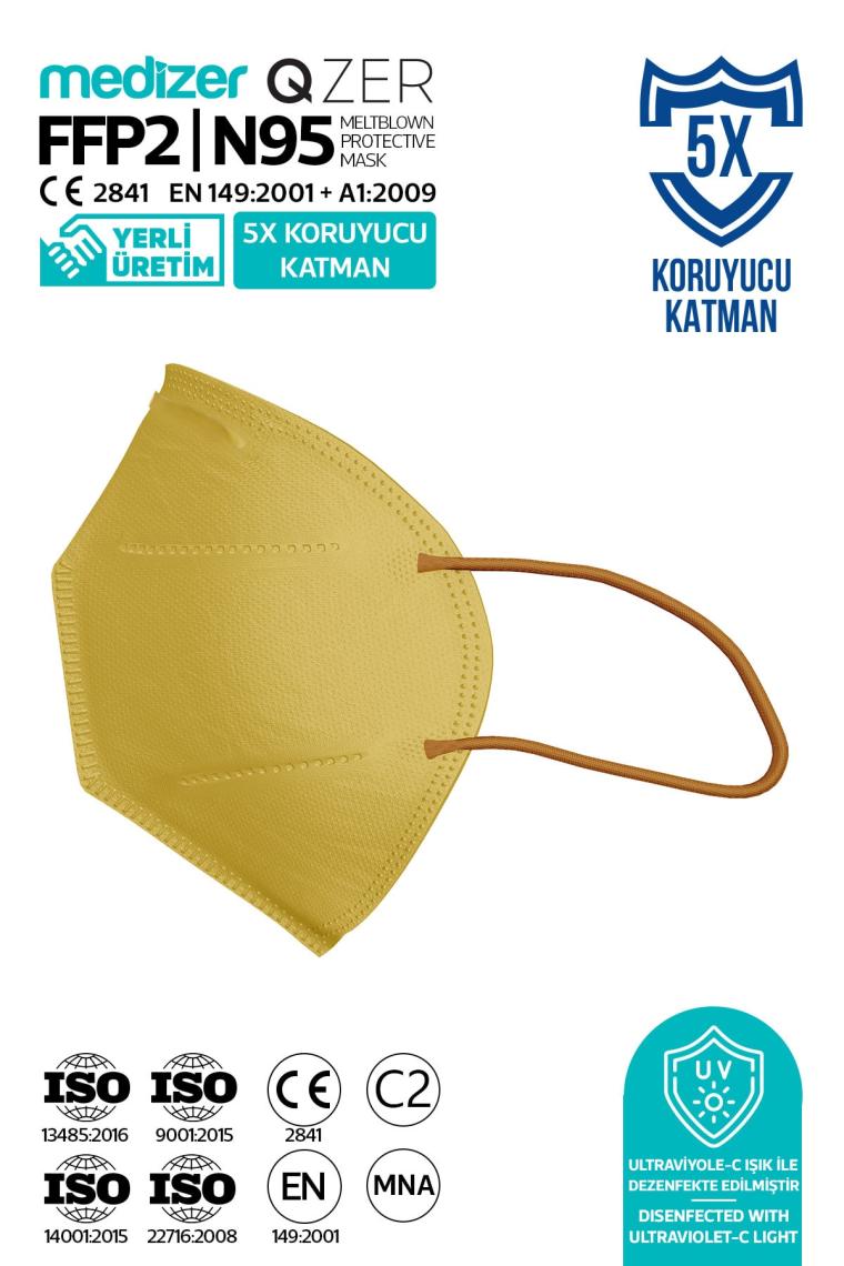 Medizer Qzer Sarı Renk 5 Katmanlı Ffp2 N95 Maske