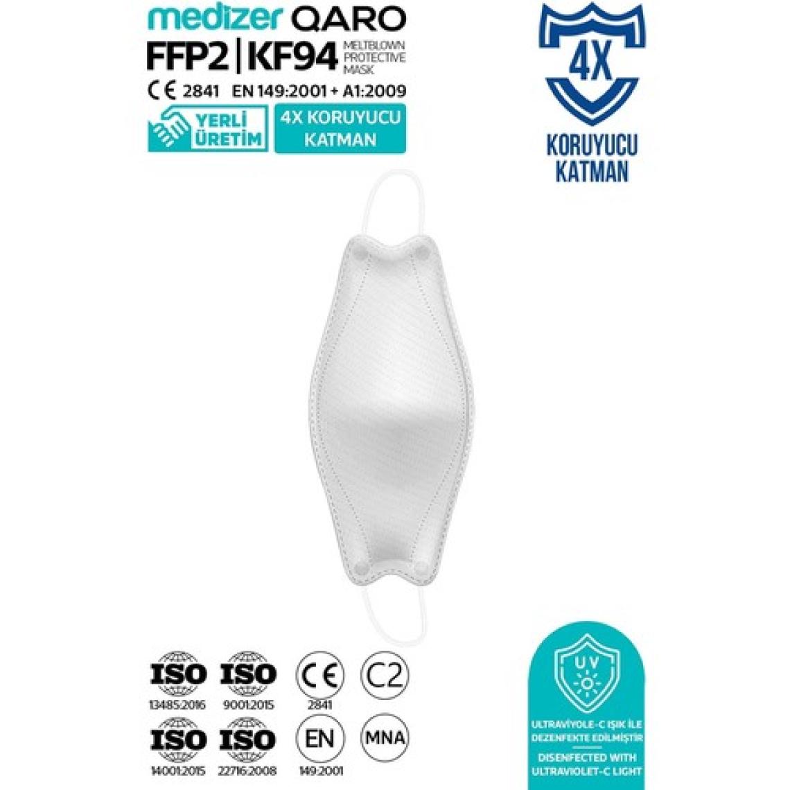 Medizer Qaro Beyaz Renk Kore Tipi KF94 Ffp2 Maske