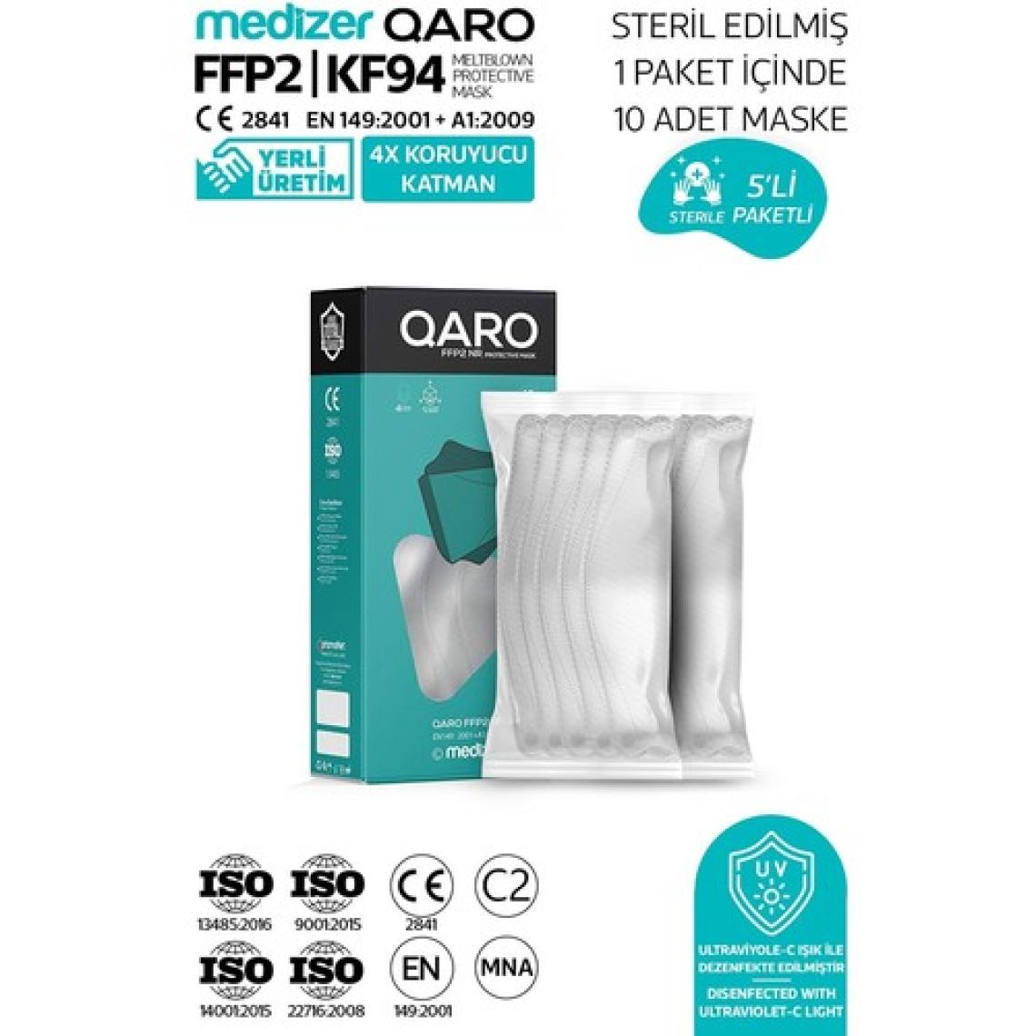 Medizer Qaro Beyaz Renk Kore Tipi KF94 Ffp2 Maske