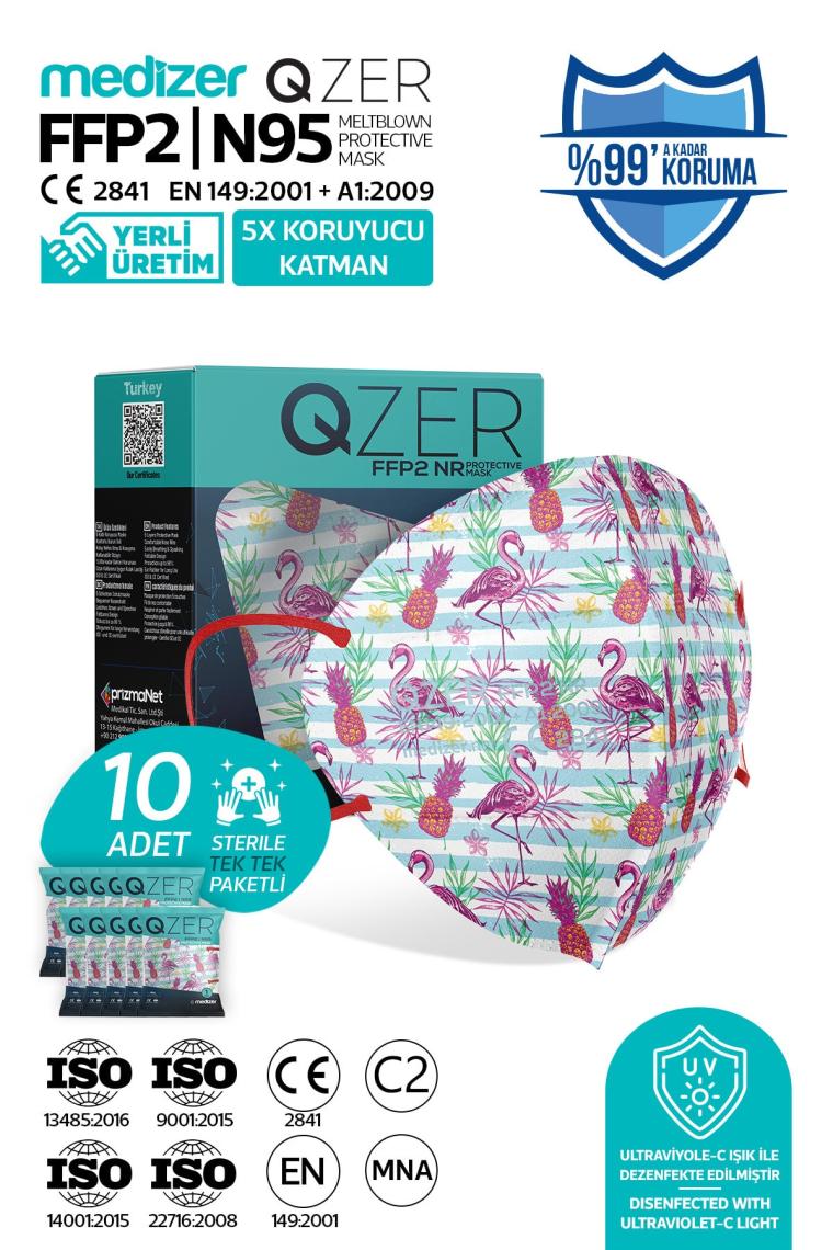 Medizer Qzer Tropikal Flamingo Desenli Ffp2 N95 Maske 5 Katmanlı