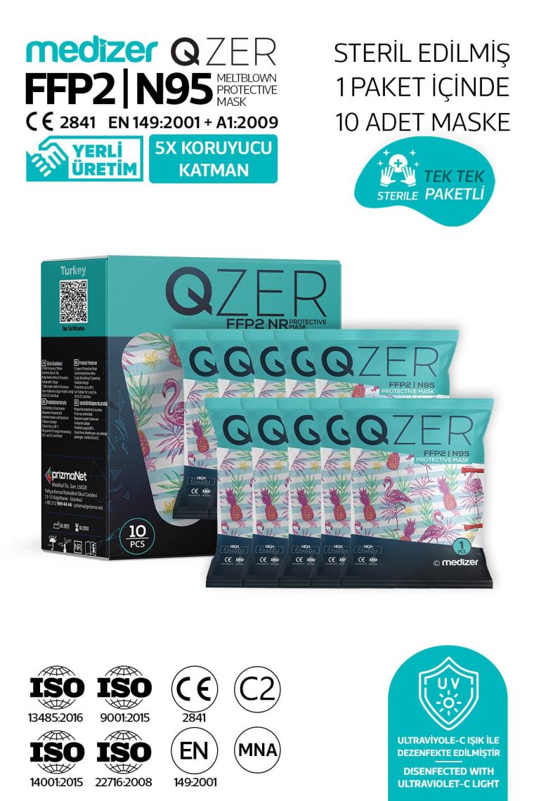 Medizer Qzer Tropikal Flamingo Desenli Ffp2 N95 Maske 5 Katmanlı
