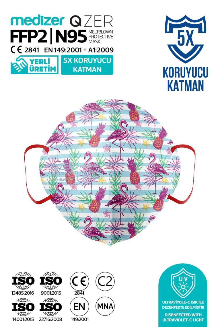 Medizer Qzer Tropikal Flamingo Desenli Ffp2 N95 Maske 5 Katmanlı