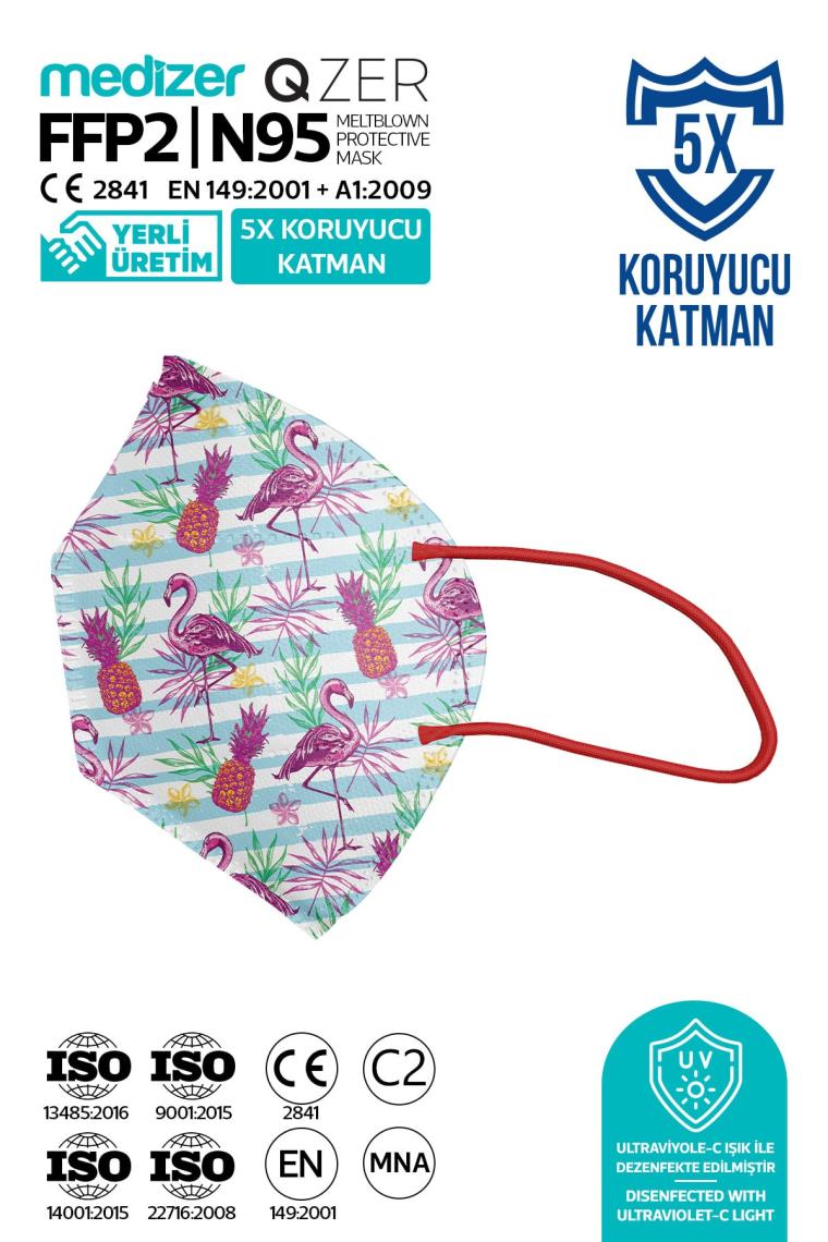 Medizer Qzer Tropikal Flamingo Desenli Ffp2 N95 Maske 5 Katmanlı