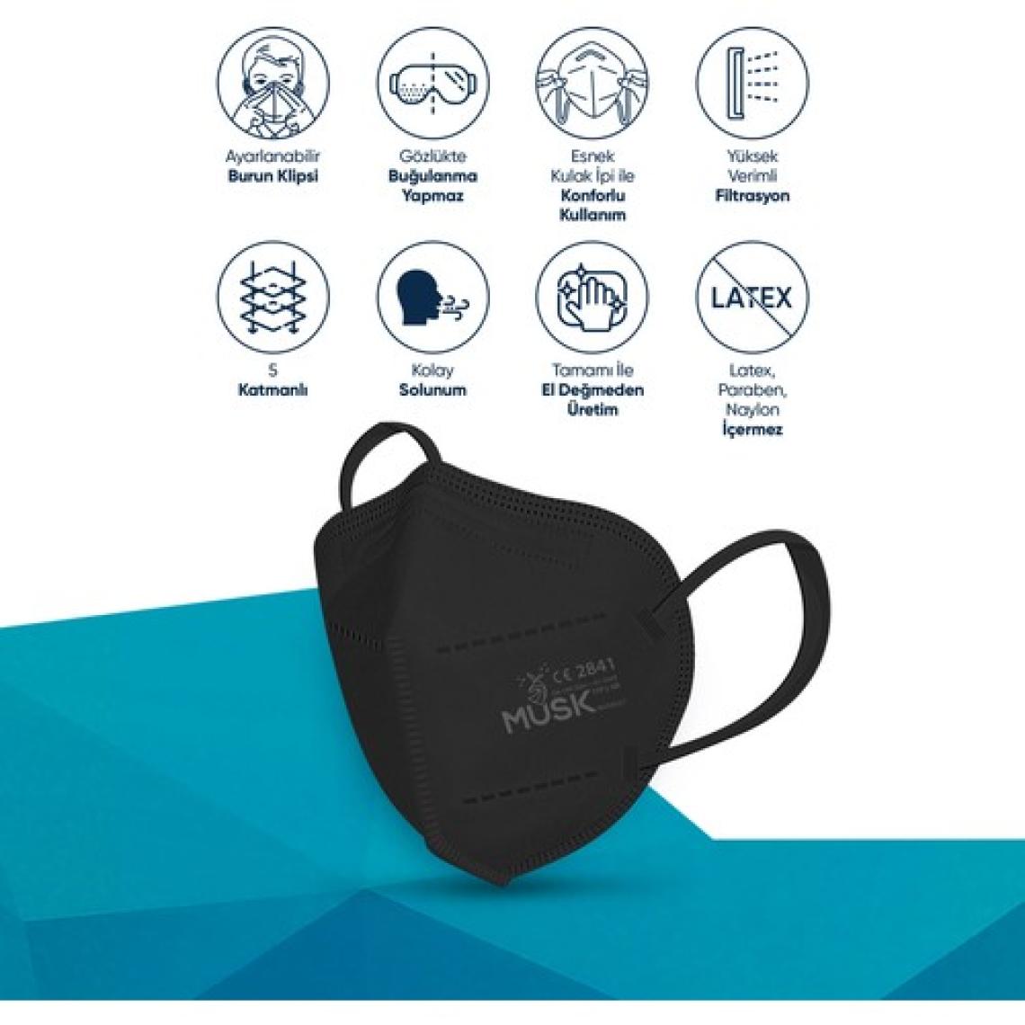 Musk FFP2/N95 Maske Siyah Renk 20 Adet