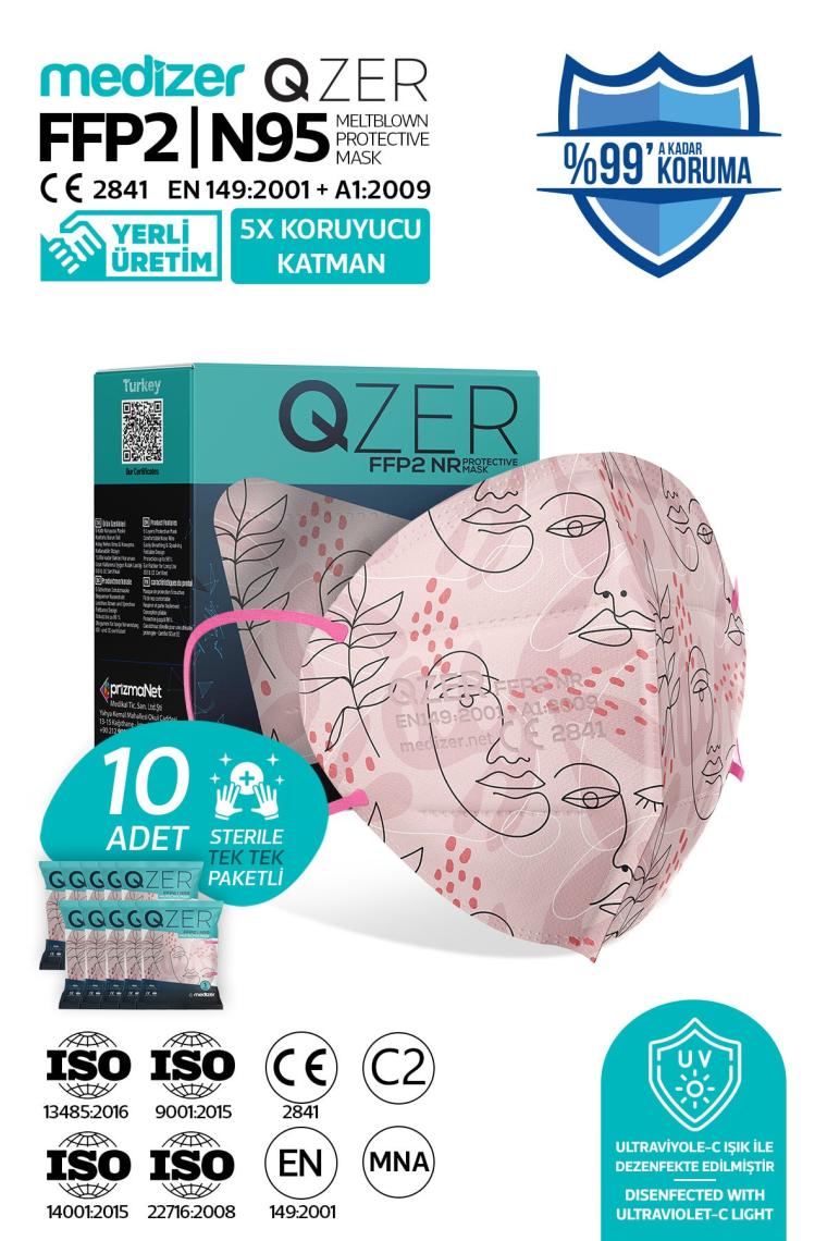 Medizer Qzer Çizgisel Kadın Desenli Ffp2 N95 Maske 5 Katmanlı