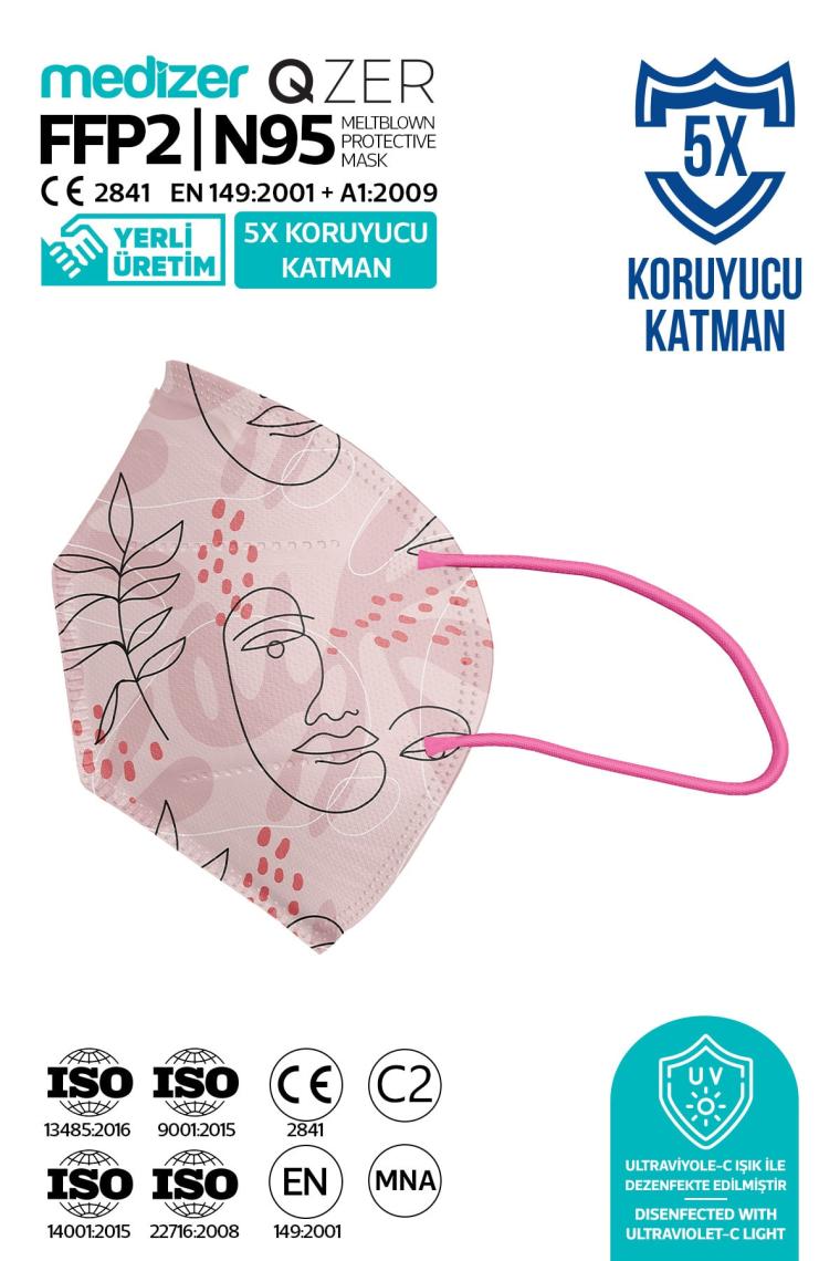 Medizer Qzer Çizgisel Kadın Desenli Ffp2 N95 Maske 5 Katmanlı