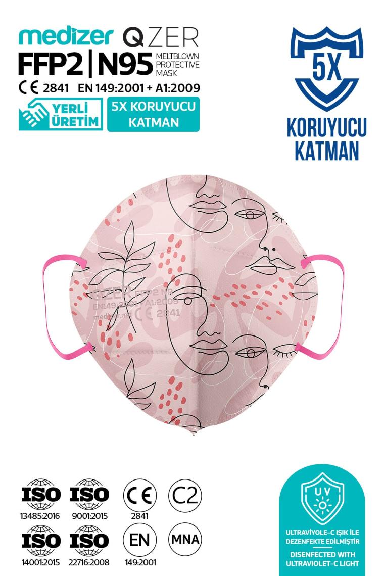 Medizer Qzer Çizgisel Kadın Desenli Ffp2 N95 Maske 5 Katmanlı