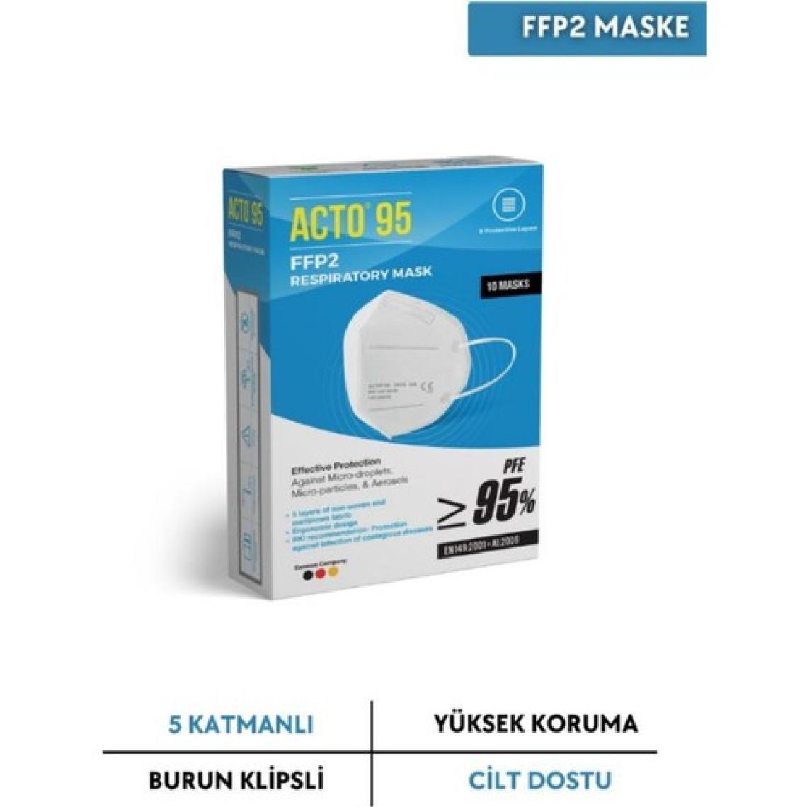 Acto Acto® 95 Ffp2 / N95 Respiratory Mask | 5 Katlı Solunum Maskesi 10 Adet