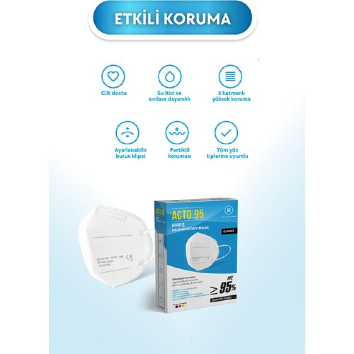 Acto Acto® 95 Ffp2 / N95 Respiratory Mask | 5 Katlı Solunum Maskesi 10 Adet