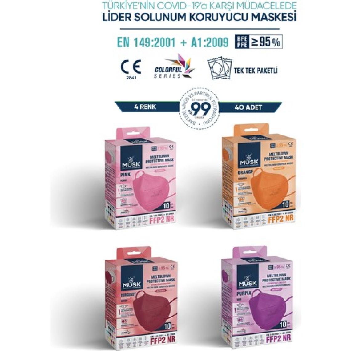 Musk Ffp2 Maske 40 Adet (Mor,bordo,turuncu,pembe)
