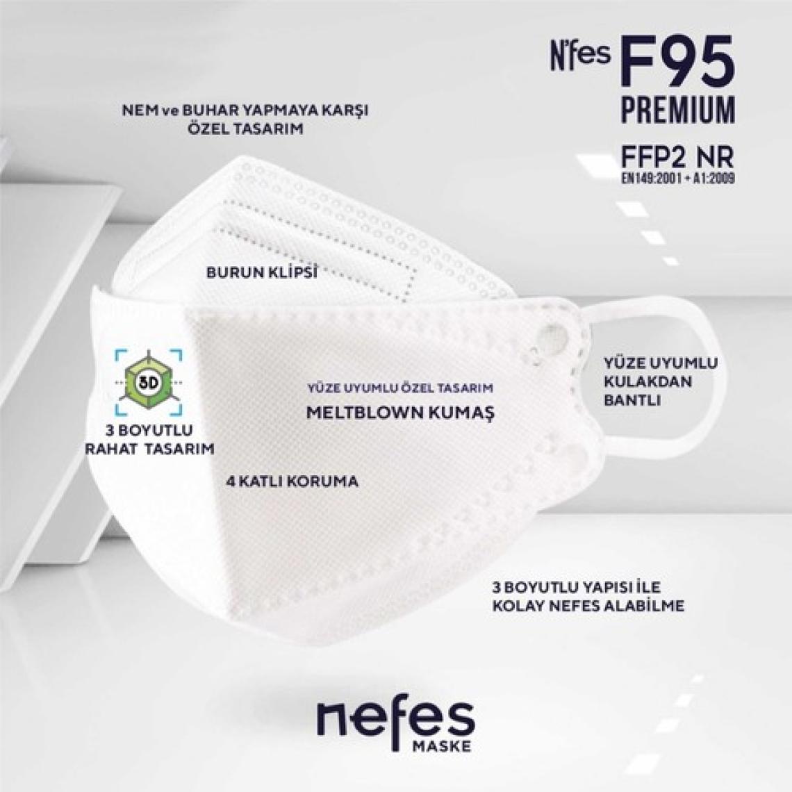 Nefes F95 / Ffp2 Premium Kore Tipi Ce-Iso Sertifikalı Tek Paketli Maske 20'li