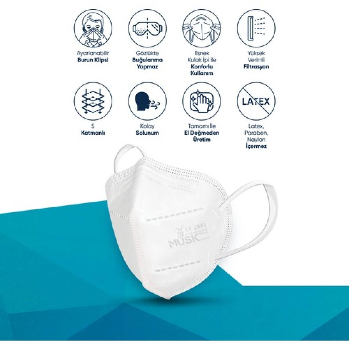 Musk FFP2/N95 Maske Beyaz Renk 40 Adet