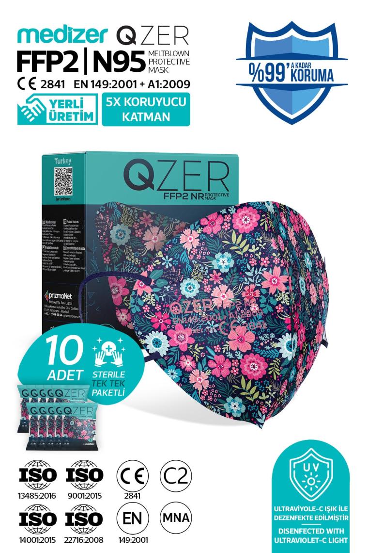 Medizer Qzer Blue Flos Desenli Ffp2 N95 Maske 5 Katmanlı