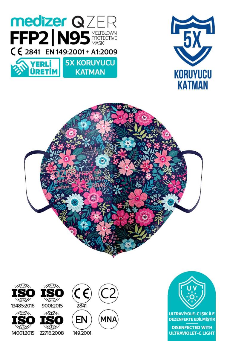 Medizer Qzer Blue Flos Desenli Ffp2 N95 Maske 5 Katmanlı