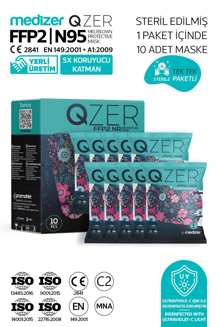 Medizer Qzer Blue Flos Desenli Ffp2 N95 Maske 5 Katmanlı