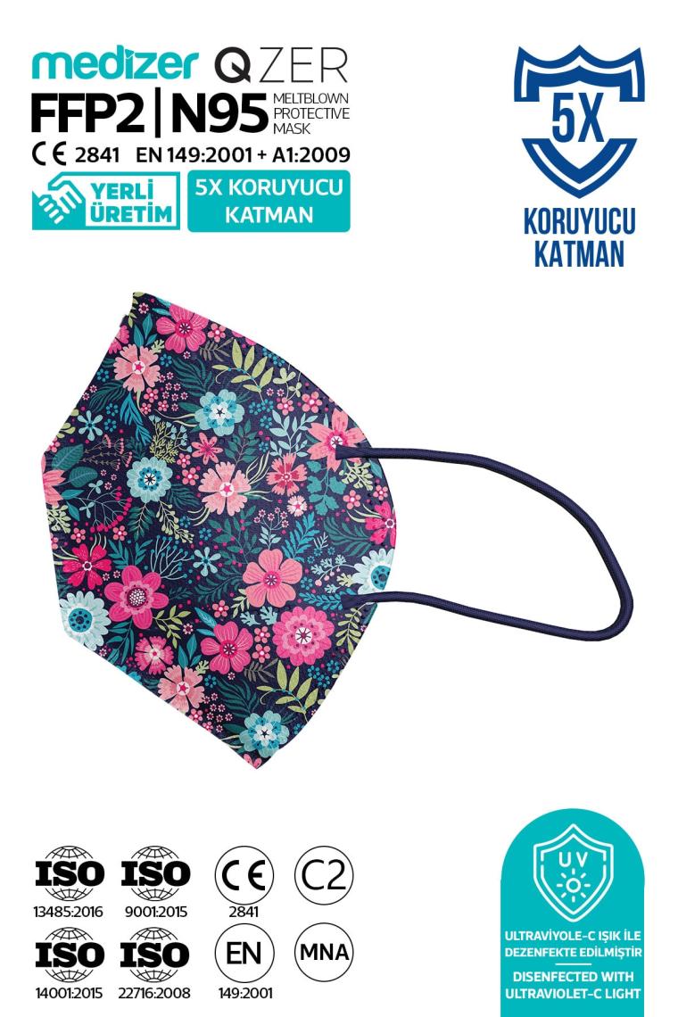 Medizer Qzer Blue Flos Desenli Ffp2 N95 Maske 5 Katmanlı