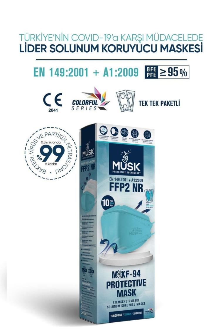 Kf94 Kore Tipi Ffp2 Maske Turkuaz Renk 10 Adet