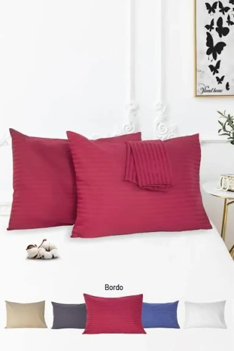 Vionel Home %100 Pamuk 2’li Çizgili Saten Yastık Kılıfı 50 x 70 | Bordo
