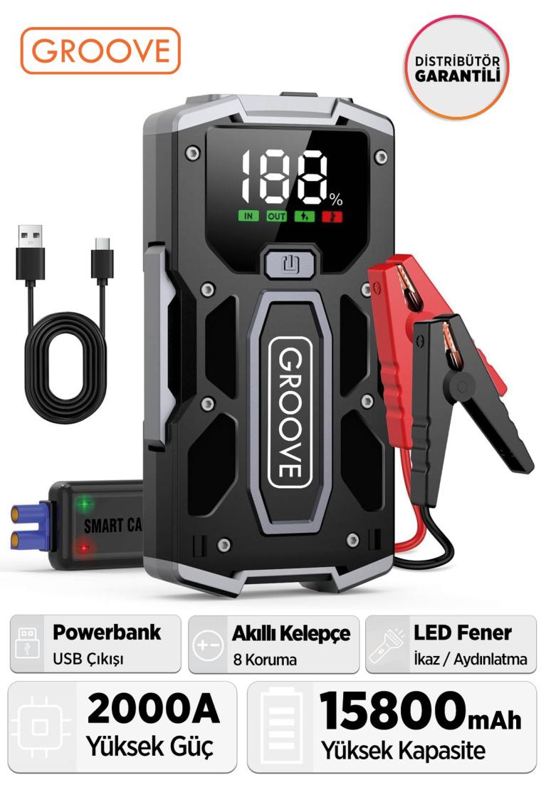 Groove M01 15800MAH 2000A Akü Takviye Cihazı Taşınabilir Jump Starter (Powerbank+Led Lamba+Lcd Ekran)