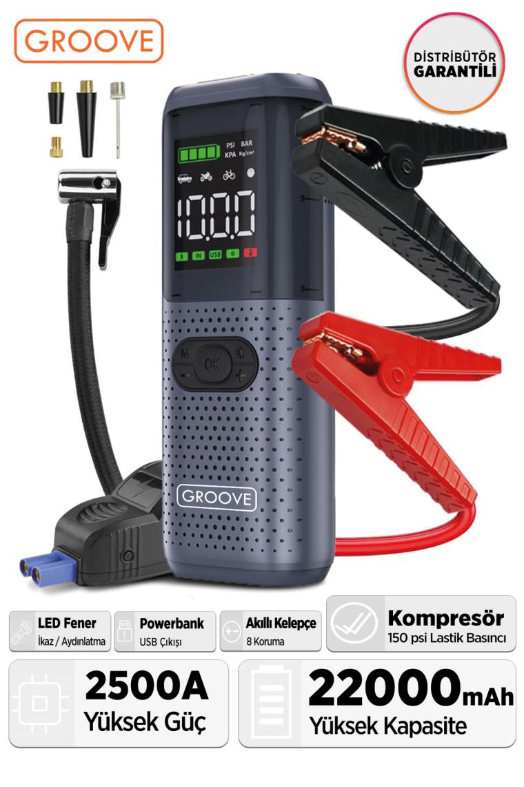 Groove HCB002 22000MAH 2500A Akü Takviye Cihazı + Lastik Şişirme Kompresörü Taşınabilir Jump Starter (Kompresör+Powerbank+Led Lamba+Lcd Ekran)