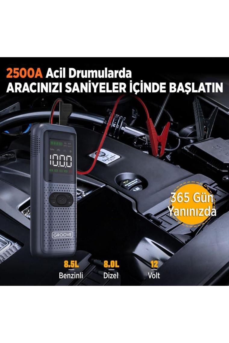 Groove HCB002 22000MAH 2500A Akü Takviye Cihazı + Lastik Şişirme Kompresörü Taşınabilir Jump Starter (Kompresör+Powerbank+Led Lamba+Lcd Ekran)