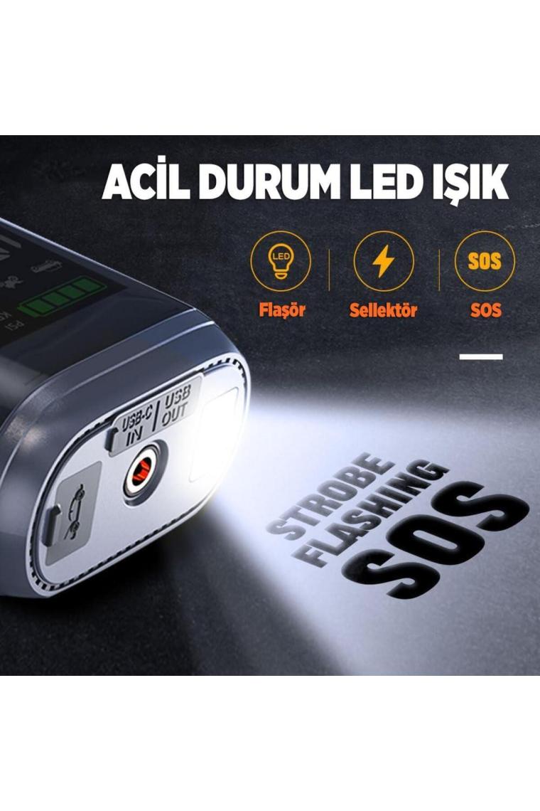 Groove HCB002 22000MAH 2500A Akü Takviye Cihazı + Lastik Şişirme Kompresörü Taşınabilir Jump Starter (Kompresör+Powerbank+Led Lamba+Lcd Ekran)